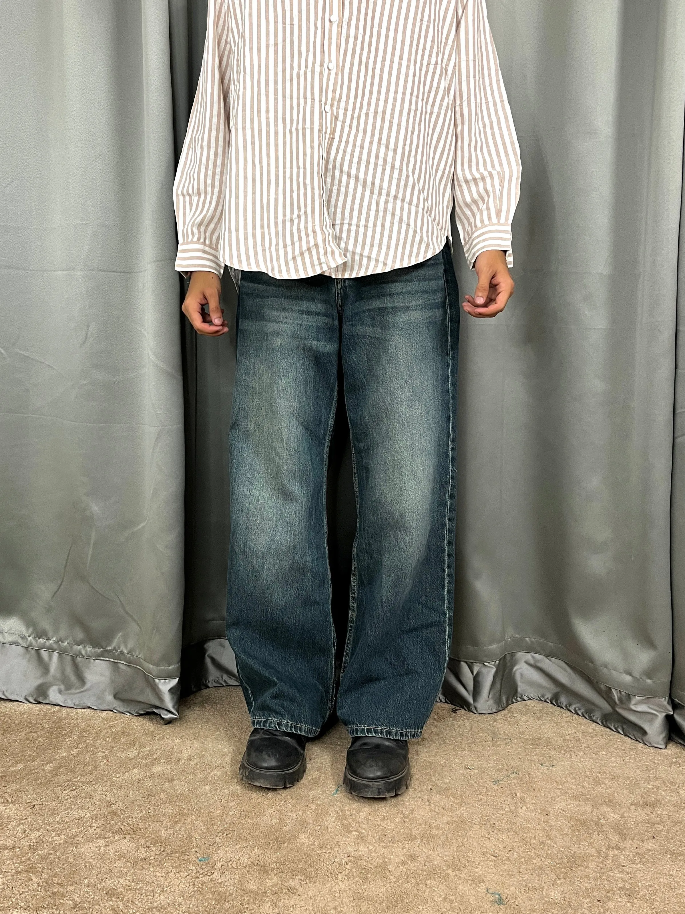 001 Bk Unisex Highwaist Green vintage wide-leg Baggy jeans