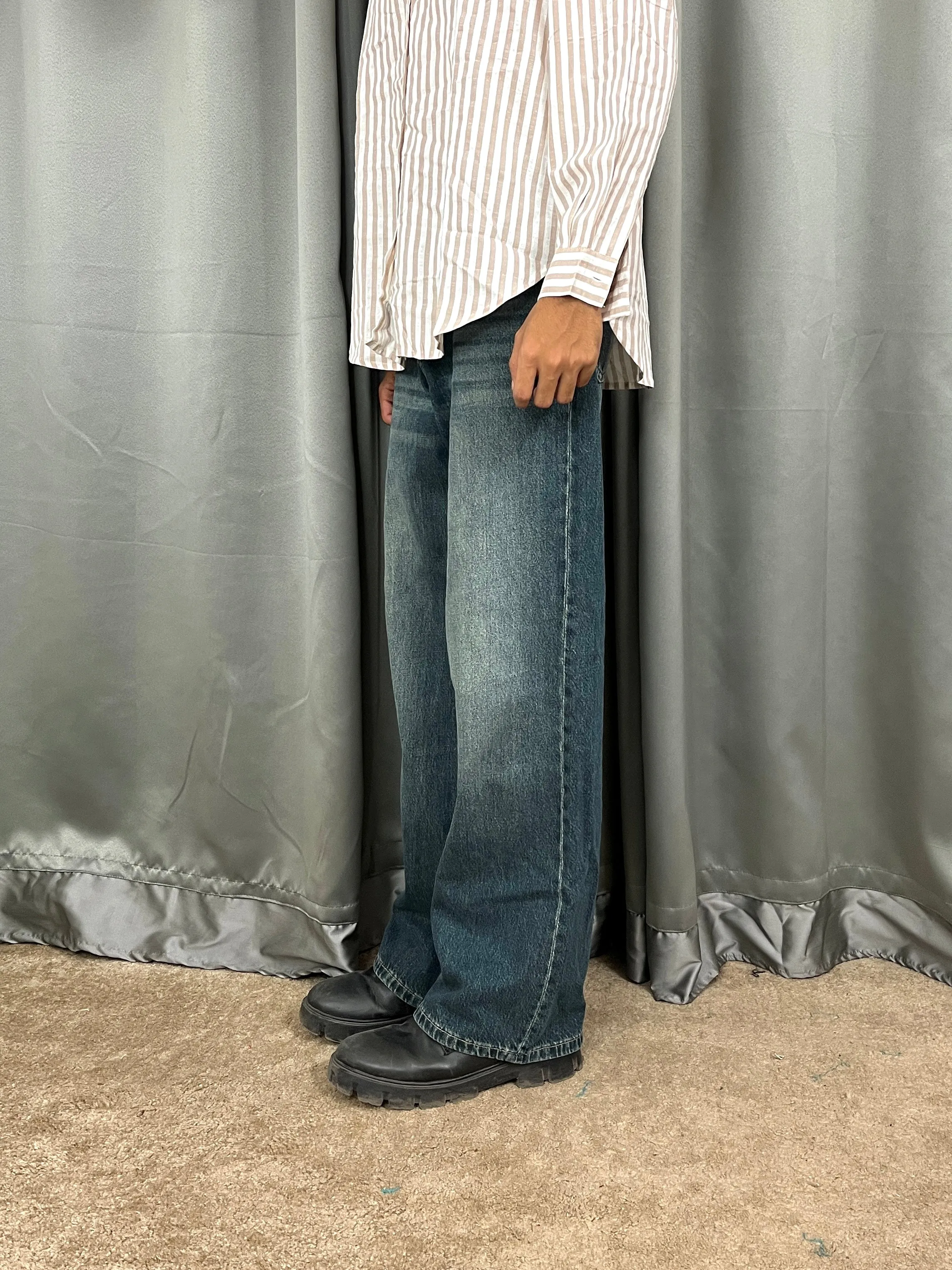 001 Bk Unisex Highwaist Green vintage wide-leg Baggy jeans