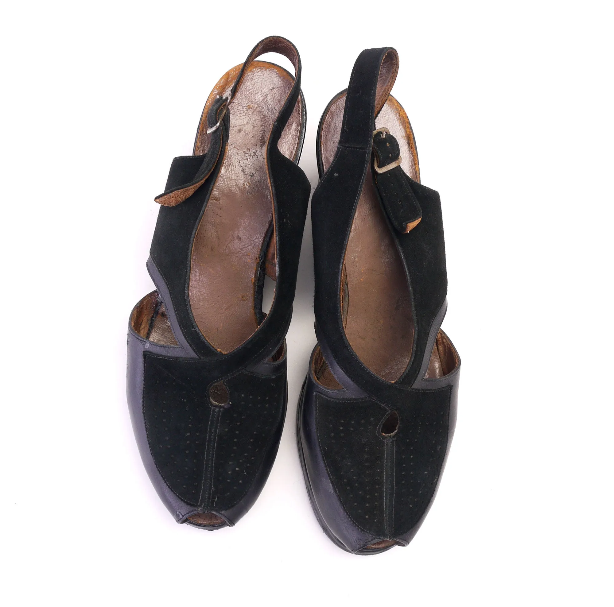 1940s Black Leather & Suede Slingback Wedges UK 5