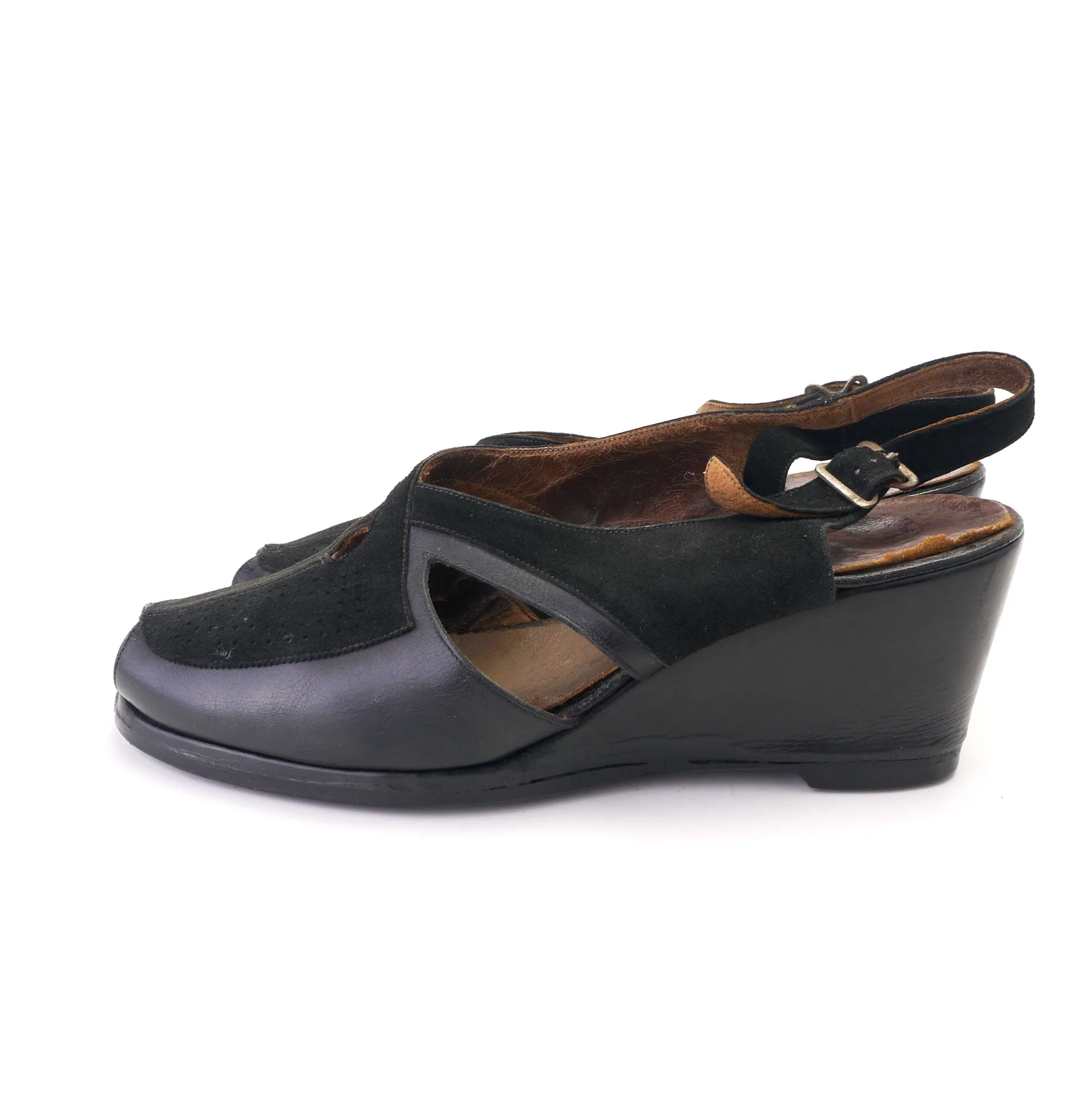 1940s Black Leather & Suede Slingback Wedges UK 5