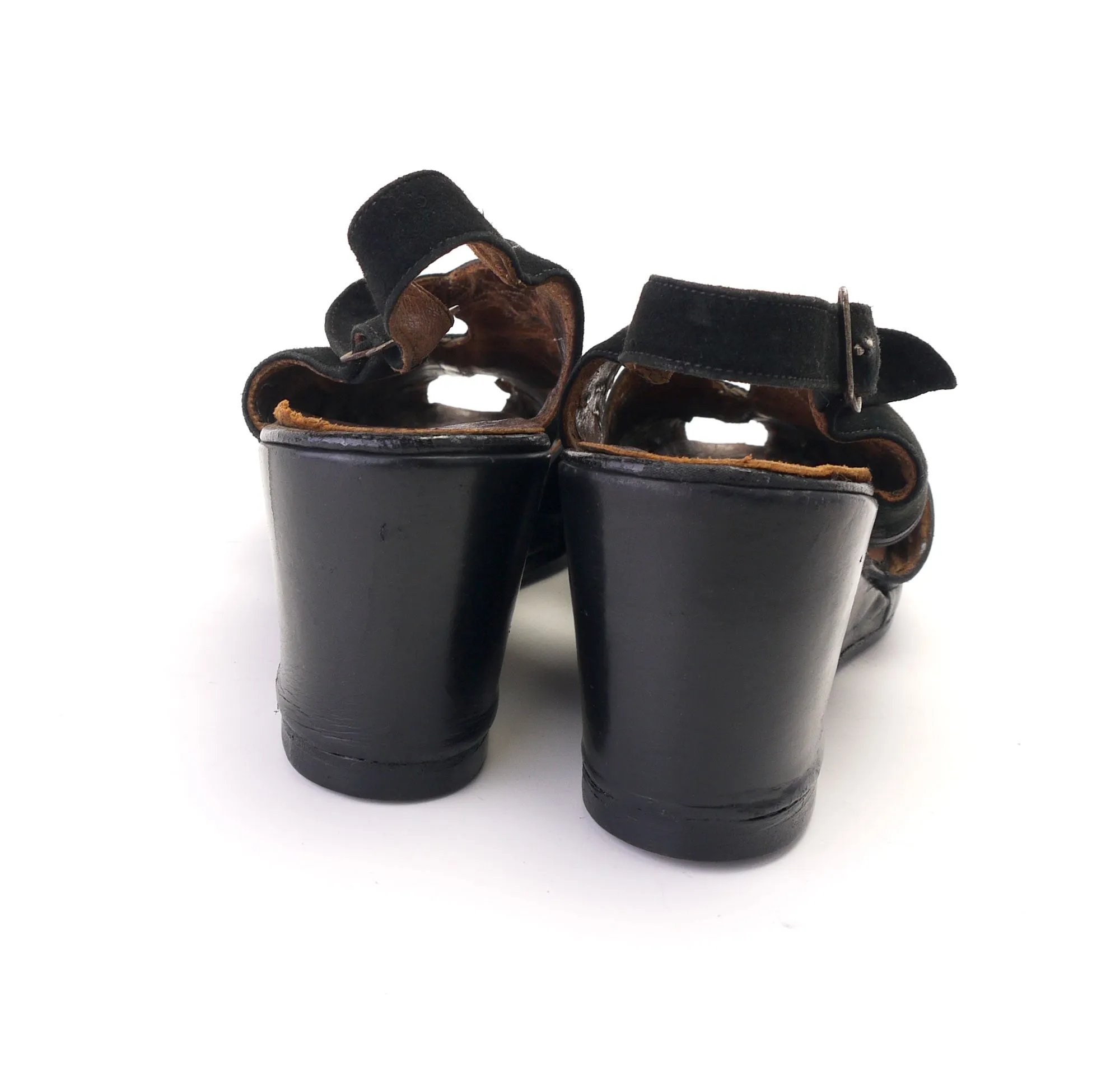 1940s Black Leather & Suede Slingback Wedges UK 5