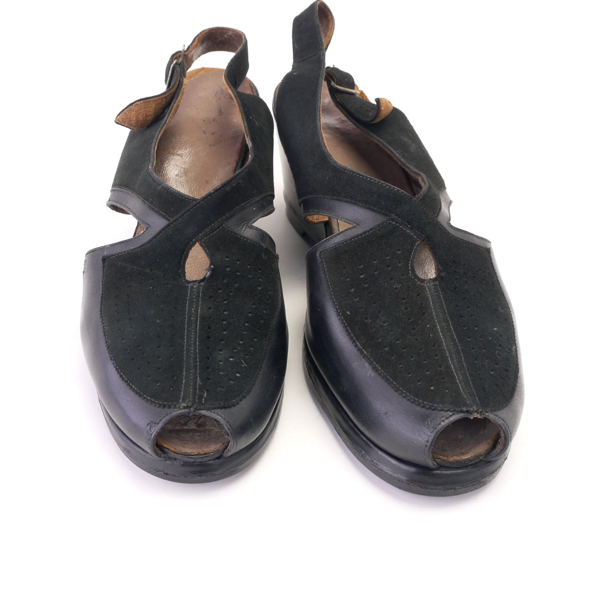 1940s Black Leather & Suede Slingback Wedges UK 5