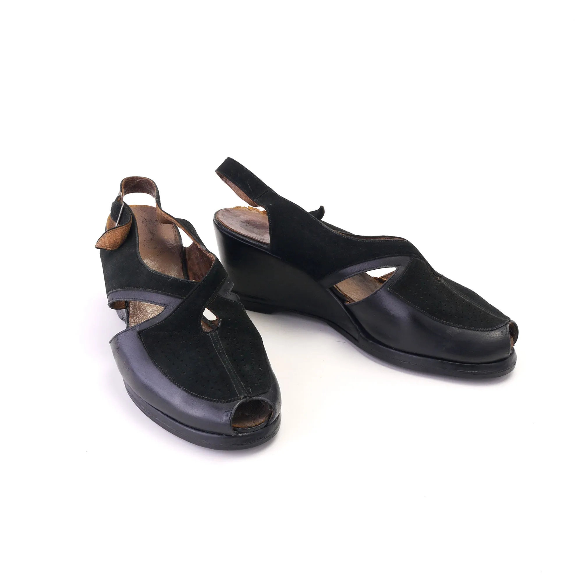 1940s Black Leather & Suede Slingback Wedges UK 5