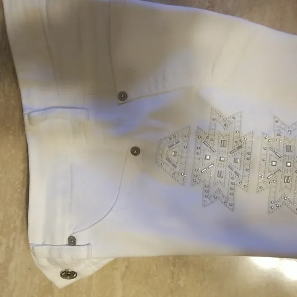 7 For All Man Kind Side Embellished White Skinny Jeans, Sz 25, EUC