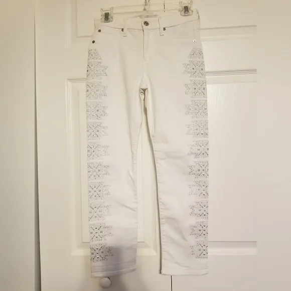 7 For All Man Kind Side Embellished White Skinny Jeans, Sz 25, EUC