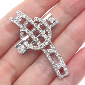 925 Sterling Silver Round-Cut C Z Cross Pin Brooch / Pendant