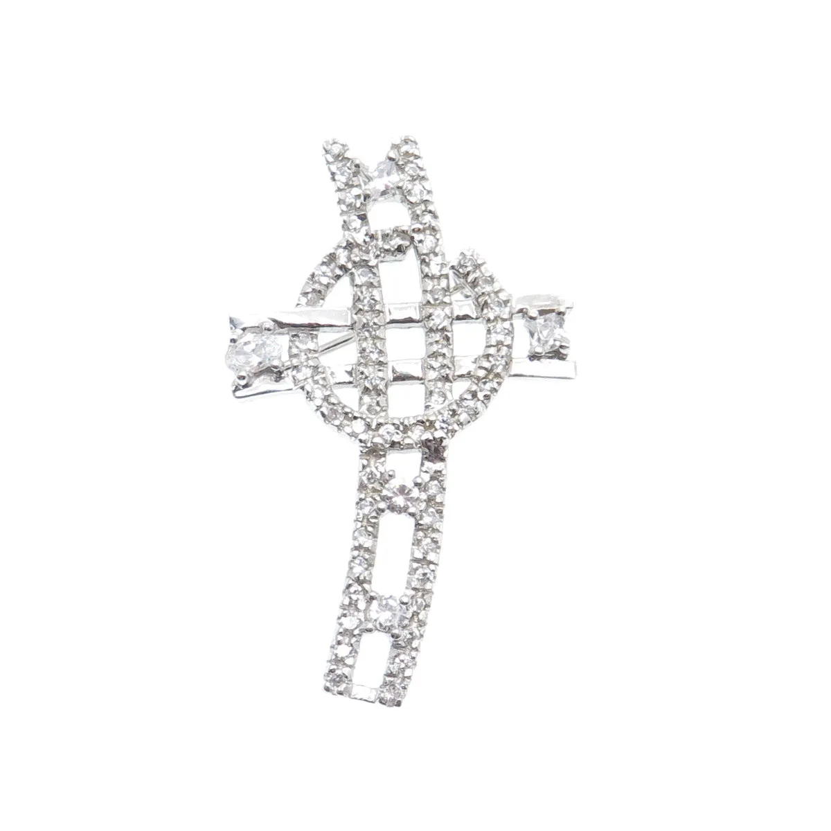925 Sterling Silver Round-Cut C Z Cross Pin Brooch / Pendant