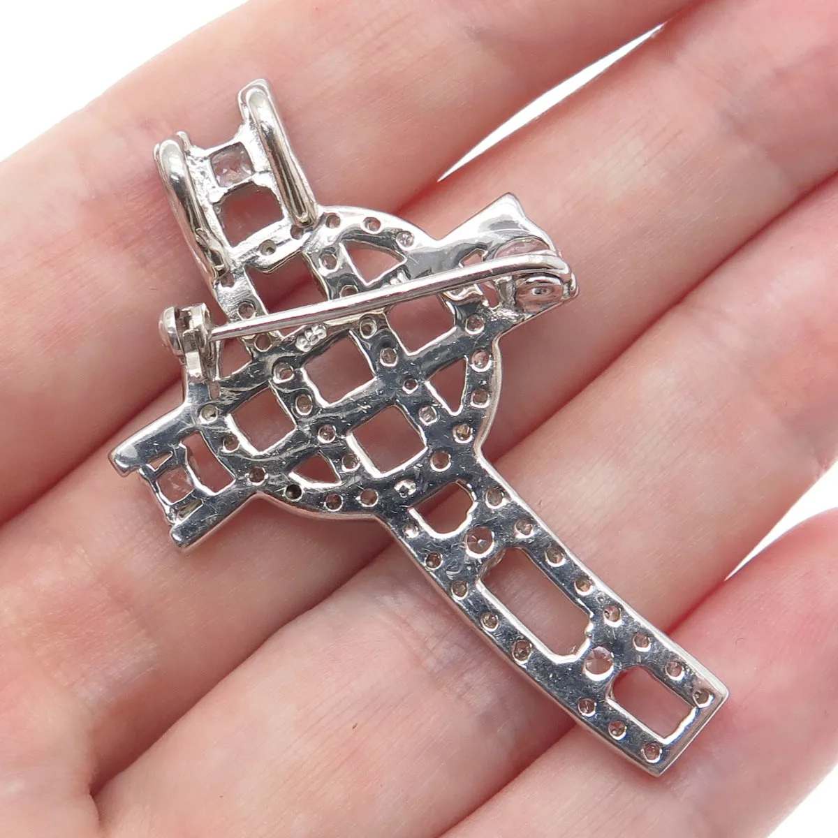 925 Sterling Silver Round-Cut C Z Cross Pin Brooch / Pendant