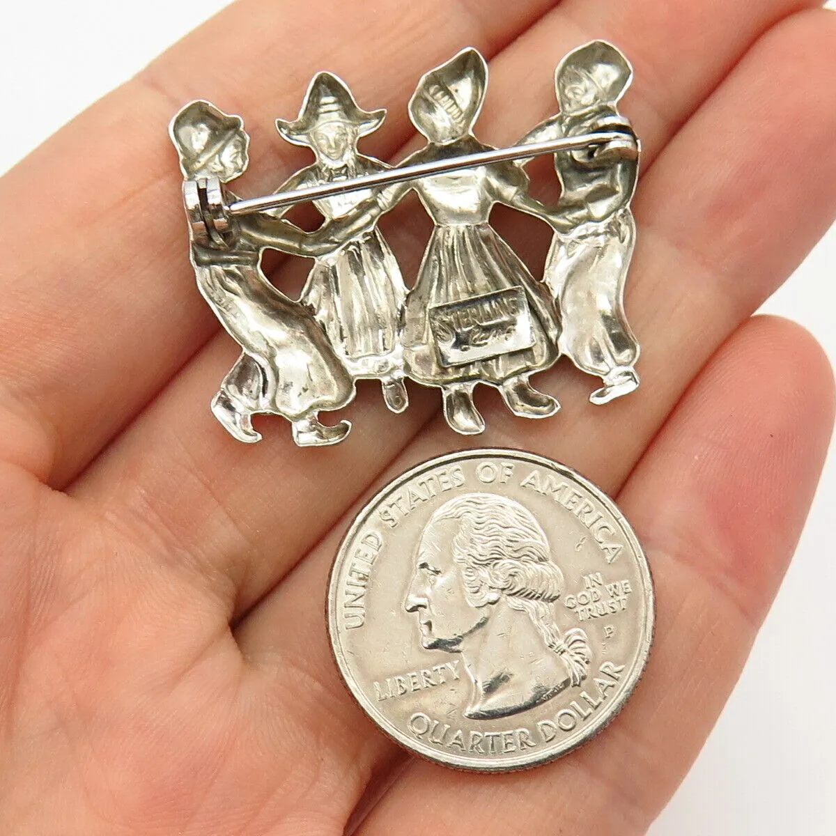 925 Sterling Silver Vintage Lang Dutch Folklore Dance Scene Pin Brooch