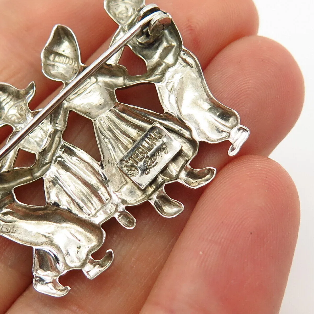 925 Sterling Silver Vintage Lang Dutch Folklore Dance Scene Pin Brooch