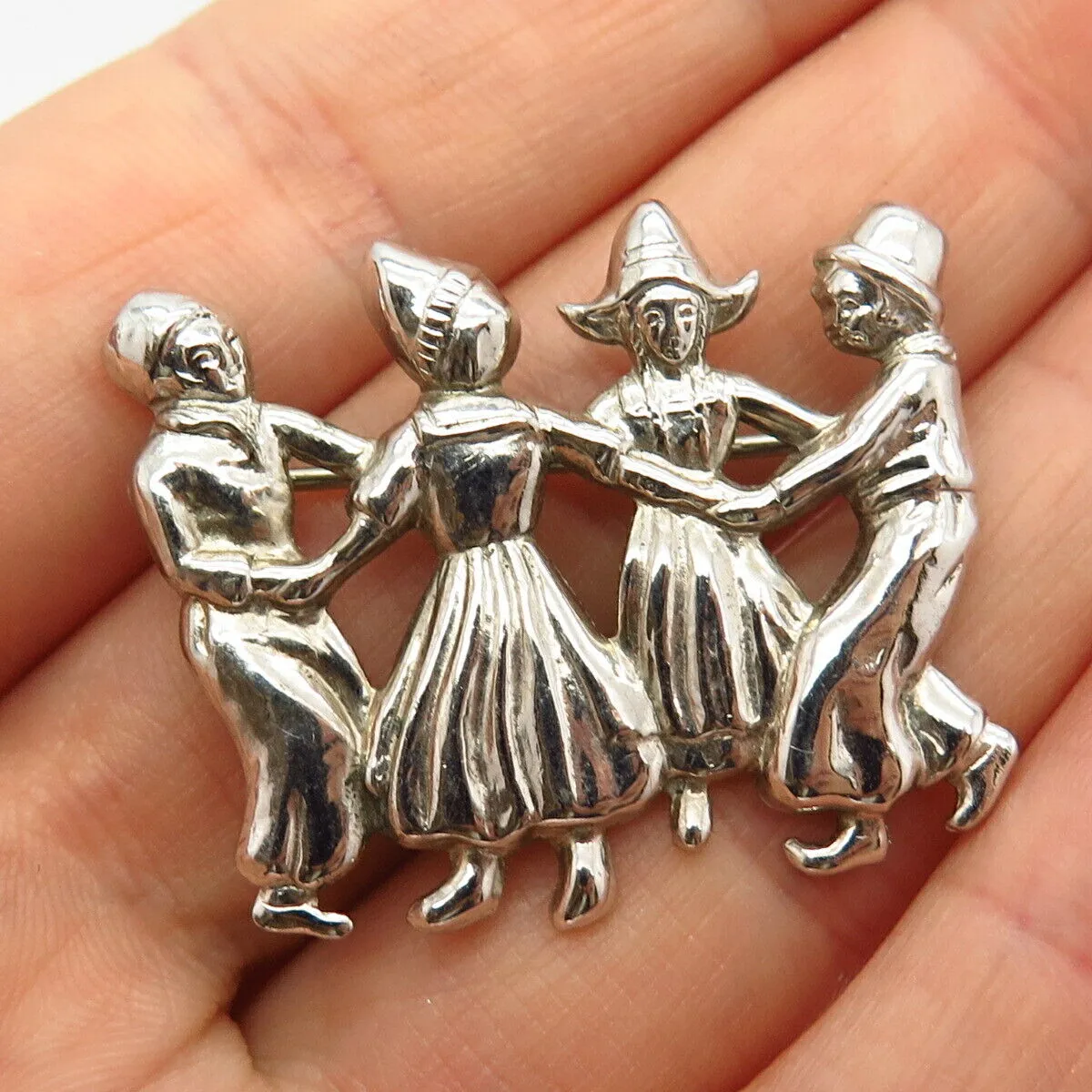 925 Sterling Silver Vintage Lang Dutch Folklore Dance Scene Pin Brooch