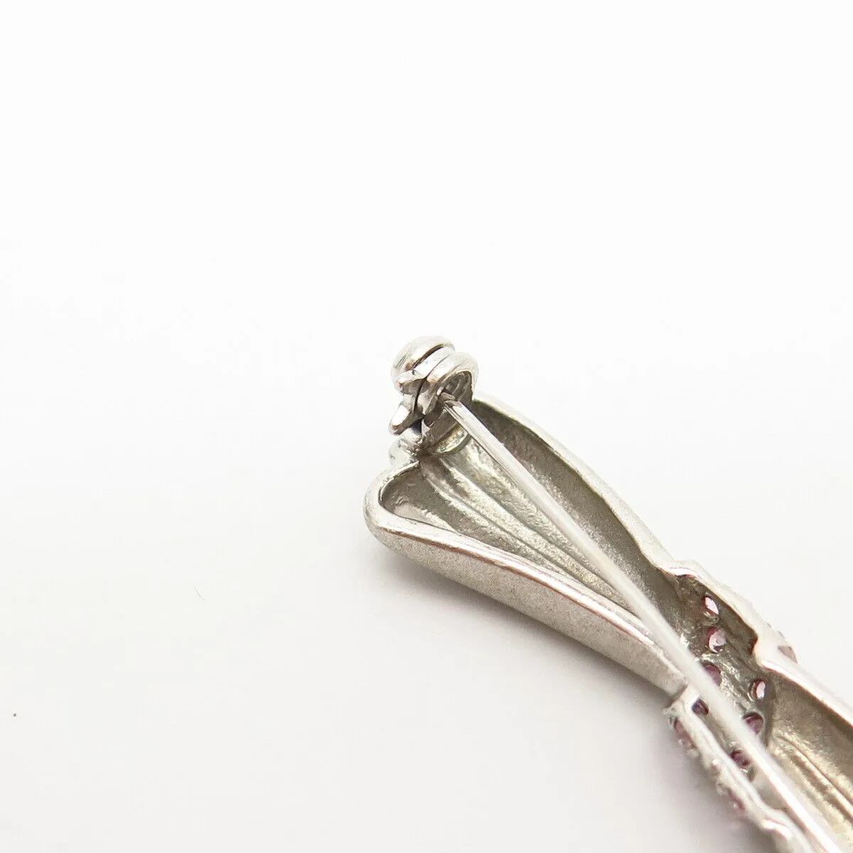925 Sterling Silver Vintage Pink C Z Bow Design Pin Brooch