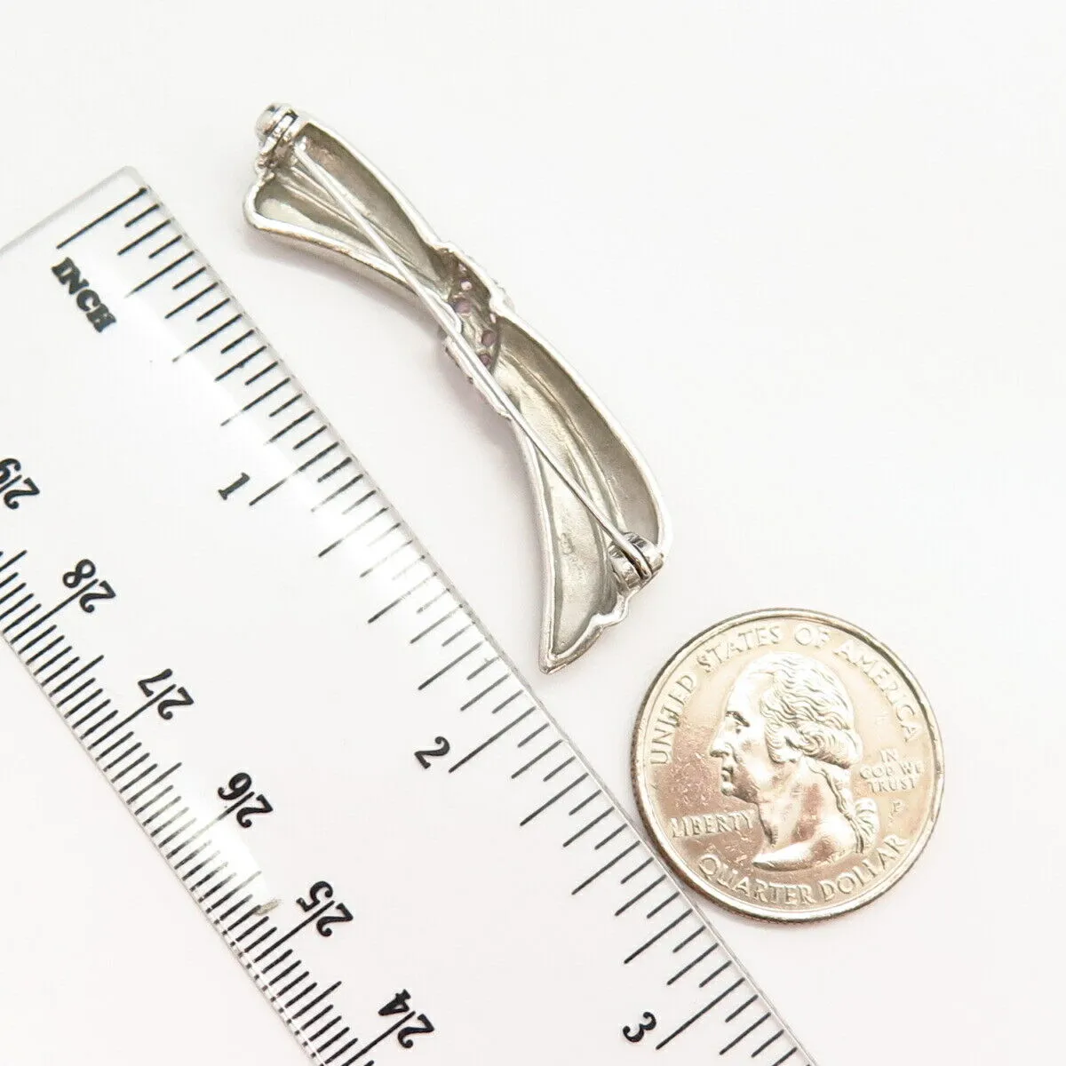 925 Sterling Silver Vintage Pink C Z Bow Design Pin Brooch