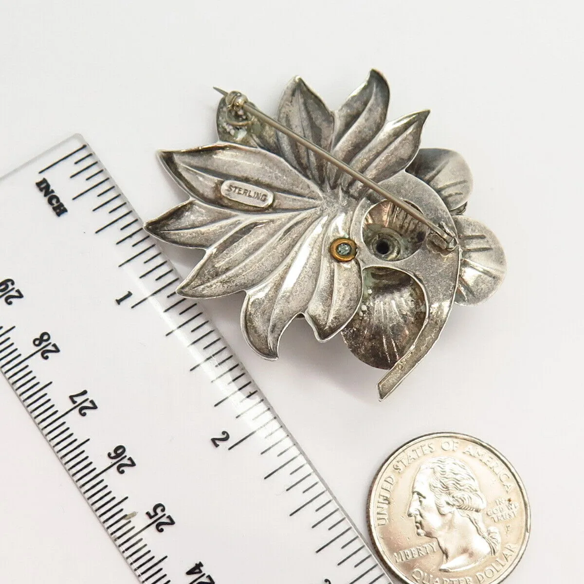 925 Sterling Silver Vintage Rhinestone Floral Design Pin Brooch