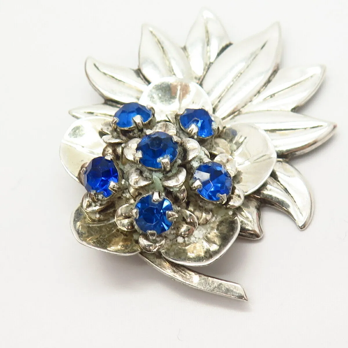 925 Sterling Silver Vintage Rhinestone Floral Design Pin Brooch