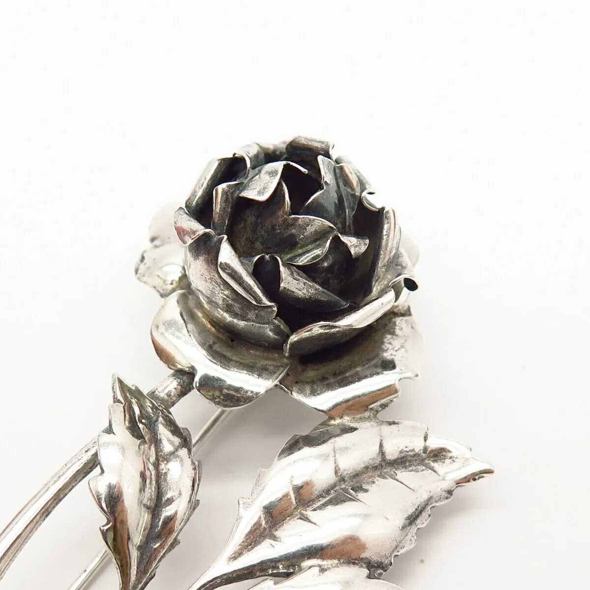 925 Sterling Silver Vintage Rose Floral Leaf Design Pin Brooch