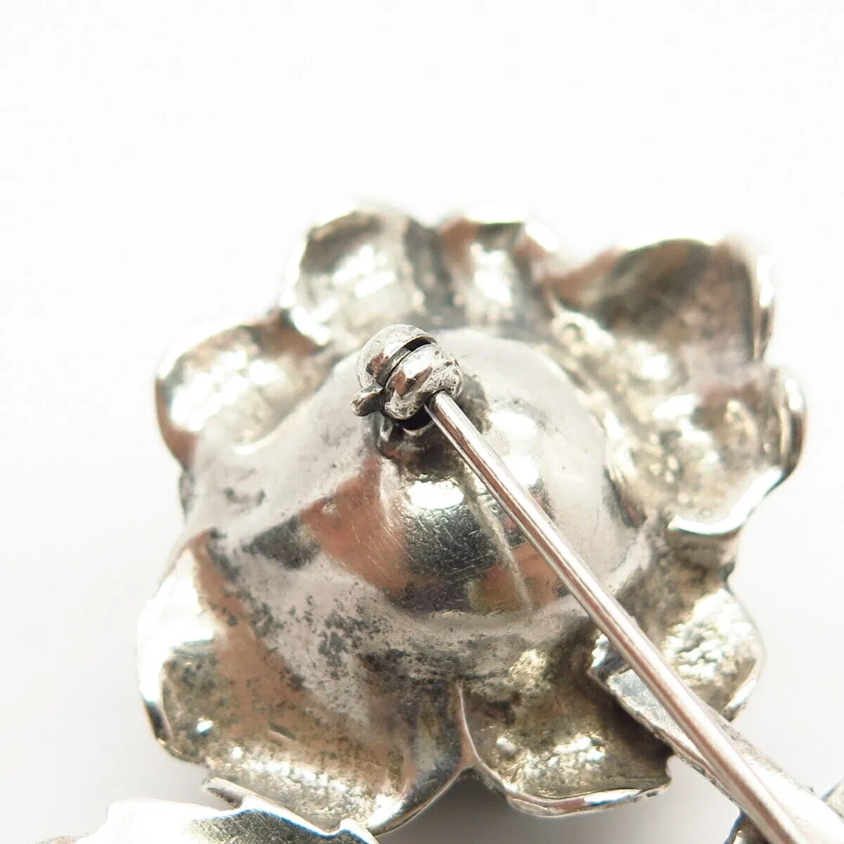 925 Sterling Silver Vintage Rose Floral Leaf Design Pin Brooch