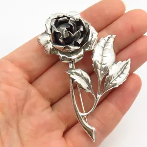 925 Sterling Silver Vintage Rose Floral Leaf Design Pin Brooch