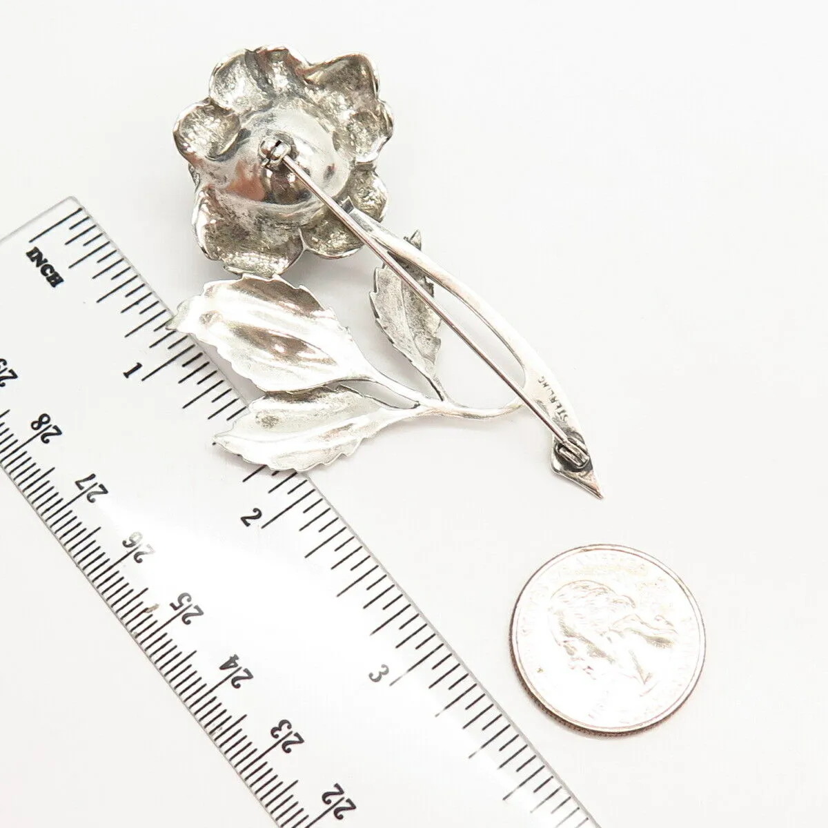 925 Sterling Silver Vintage Rose Floral Leaf Design Pin Brooch
