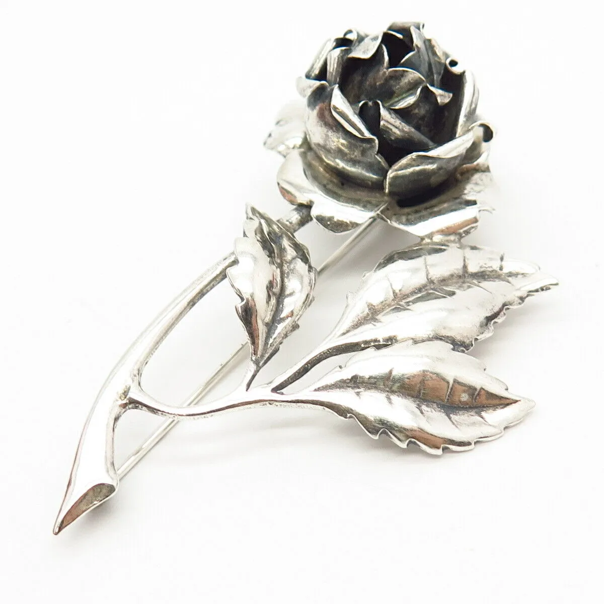 925 Sterling Silver Vintage Rose Floral Leaf Design Pin Brooch
