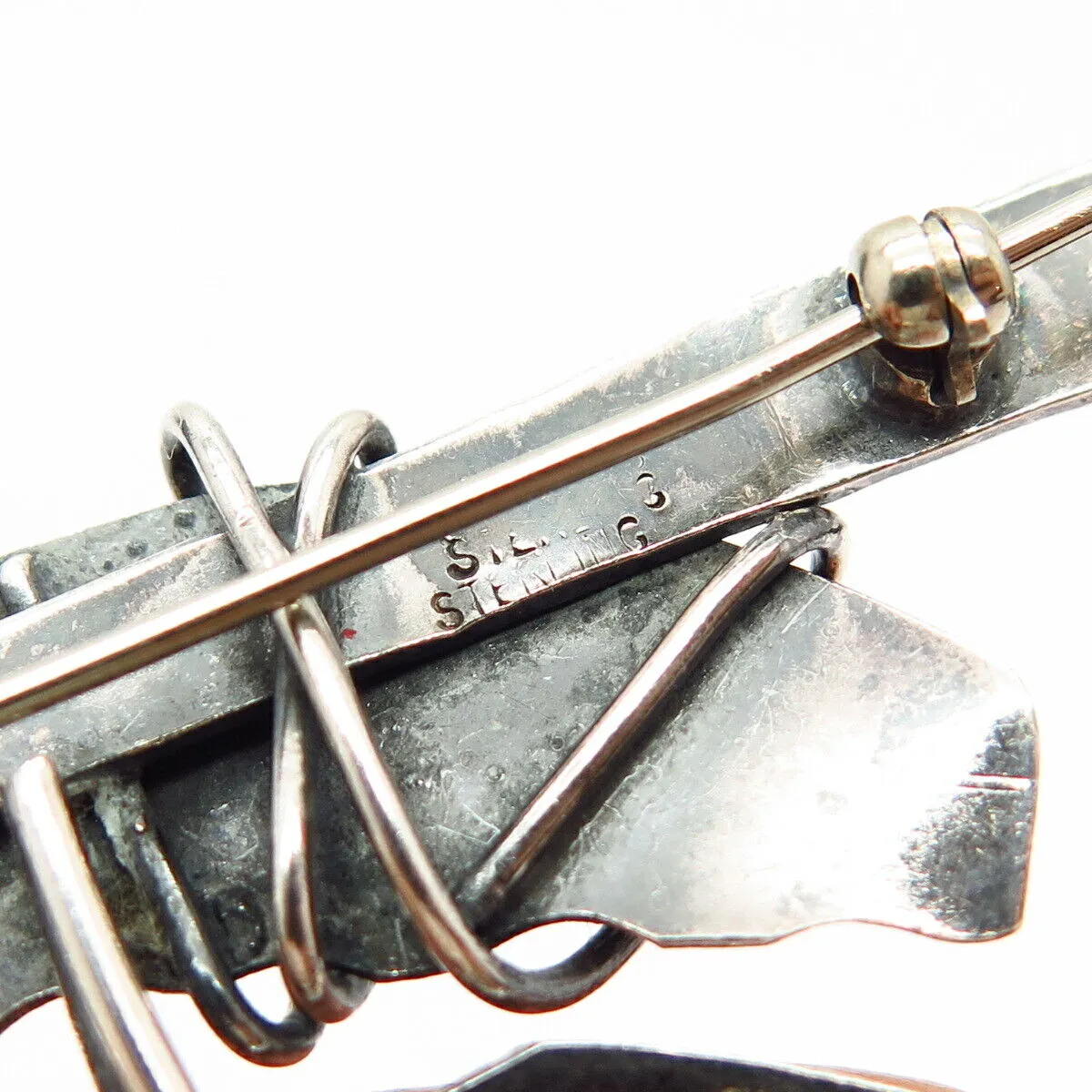 925 Sterling Vintage Real Rhodolite Garnet Gem & C Z Modernist Design Pin Brooch