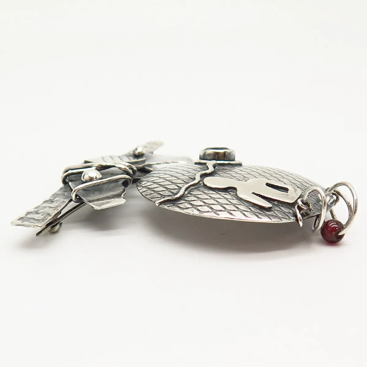 925 Sterling Vintage Real Rhodolite Garnet Gem & C Z Modernist Design Pin Brooch