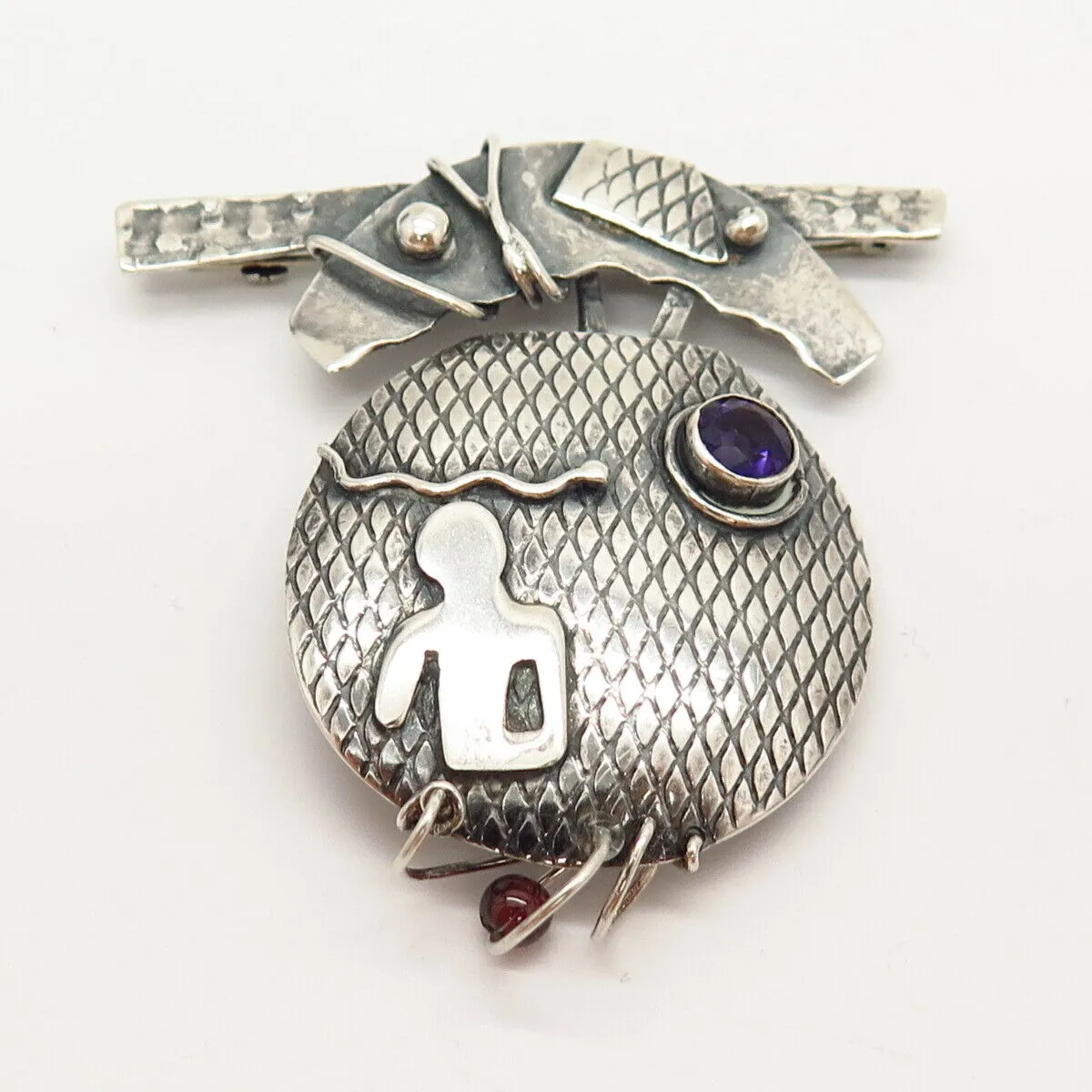 925 Sterling Vintage Real Rhodolite Garnet Gem & C Z Modernist Design Pin Brooch