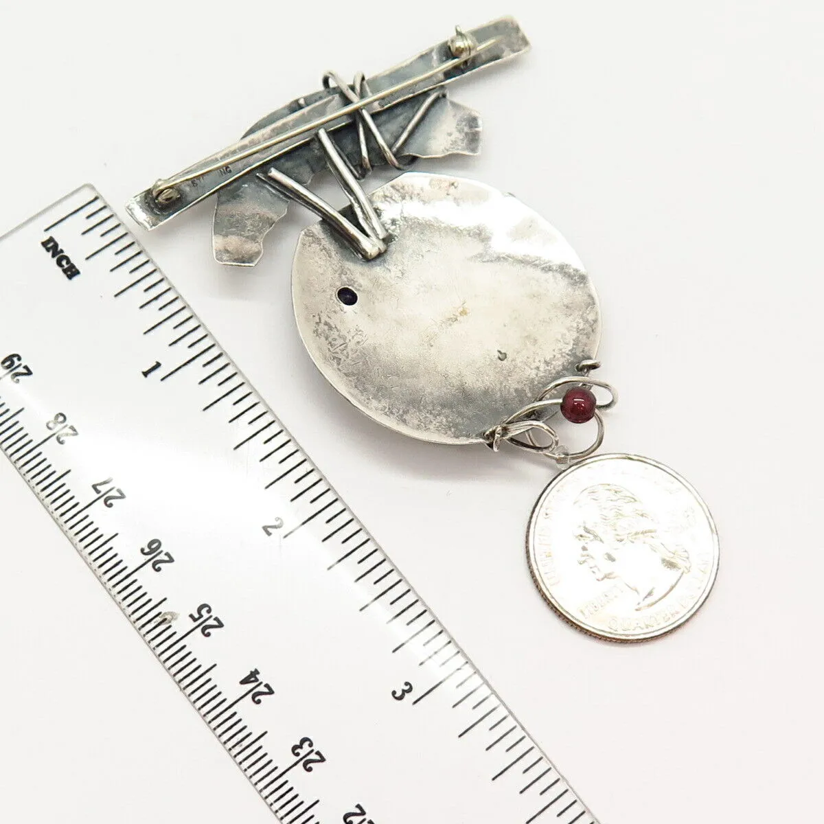 925 Sterling Vintage Real Rhodolite Garnet Gem & C Z Modernist Design Pin Brooch