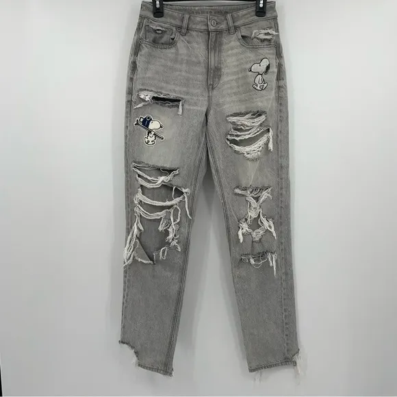 AE x Peanut Jeans Collaboration Mom Jeans Factory Distressed Snoopy Gray Sz 6