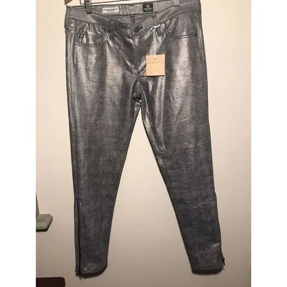 AG Adriano Goldschmied Legging Jeans Ankle Zip Skinny Zip Metallic Plaid 31 NWT