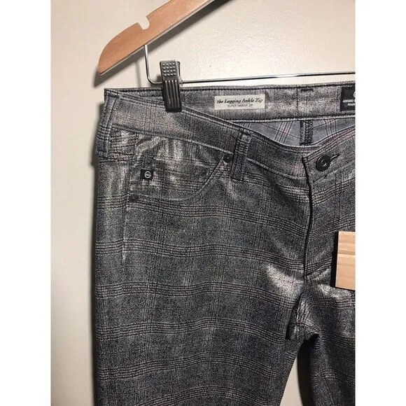 AG Adriano Goldschmied Legging Jeans Ankle Zip Skinny Zip Metallic Plaid 31 NWT