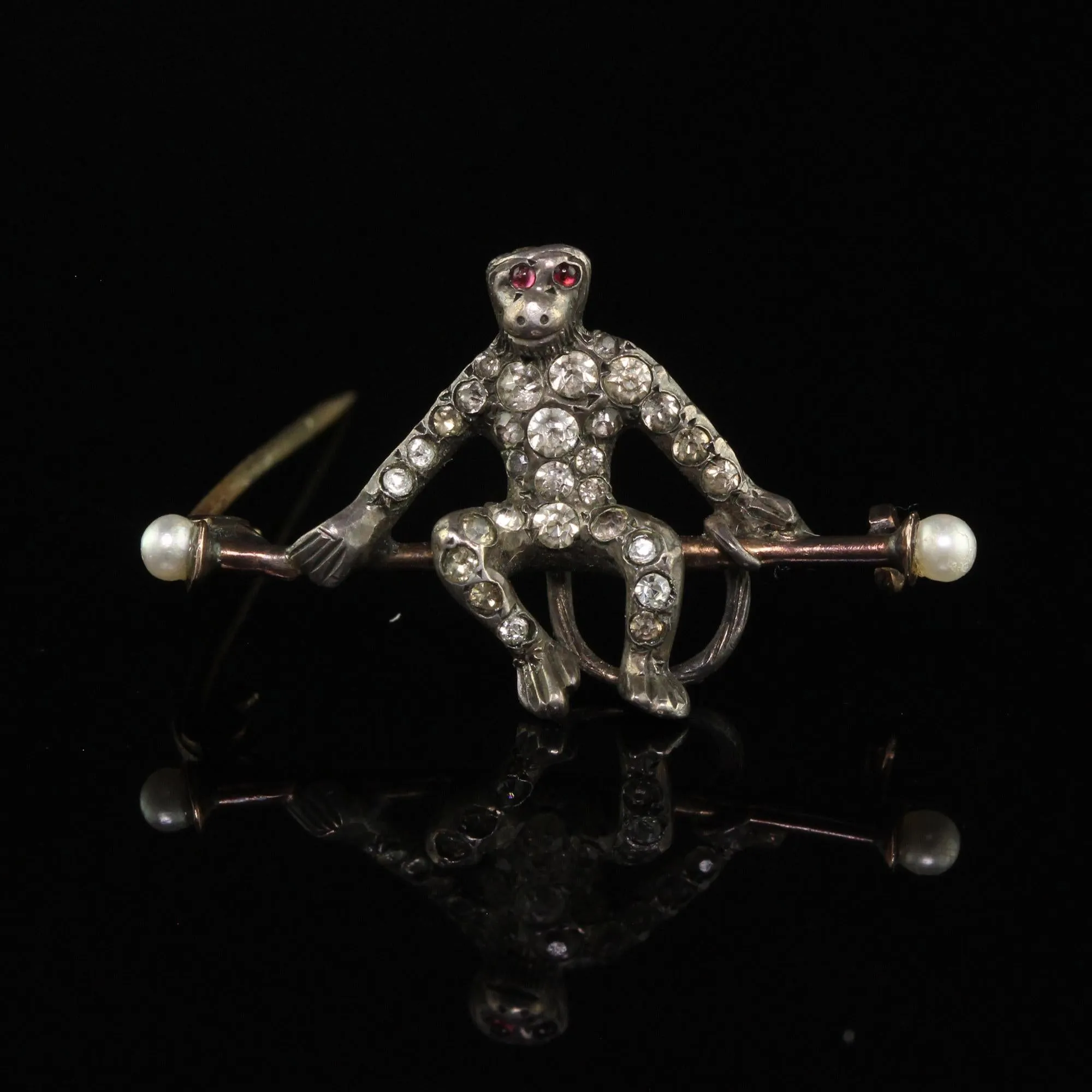 Antique Georgian Silver Old Cut Paste and Pearl Monkey Pin
