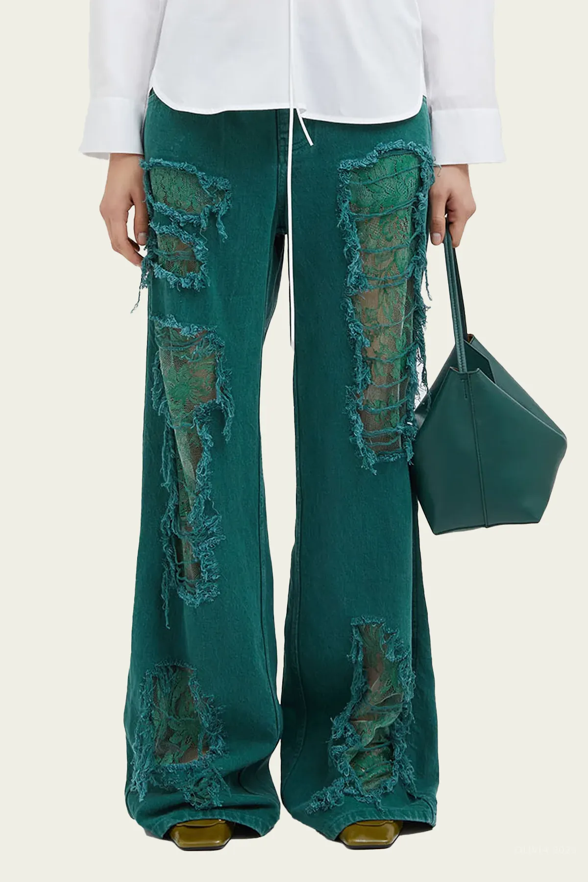 Arboreal Distressed Lace Jean in Evergreen