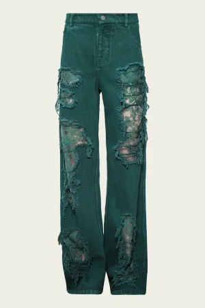 Arboreal Distressed Lace Jean in Evergreen