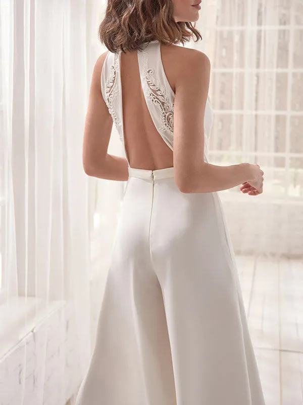 Backless Plunging Solid Color Empire Sleeveless V-neck Jumpsuits