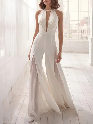 Backless Plunging Solid Color Empire Sleeveless V-neck Jumpsuits