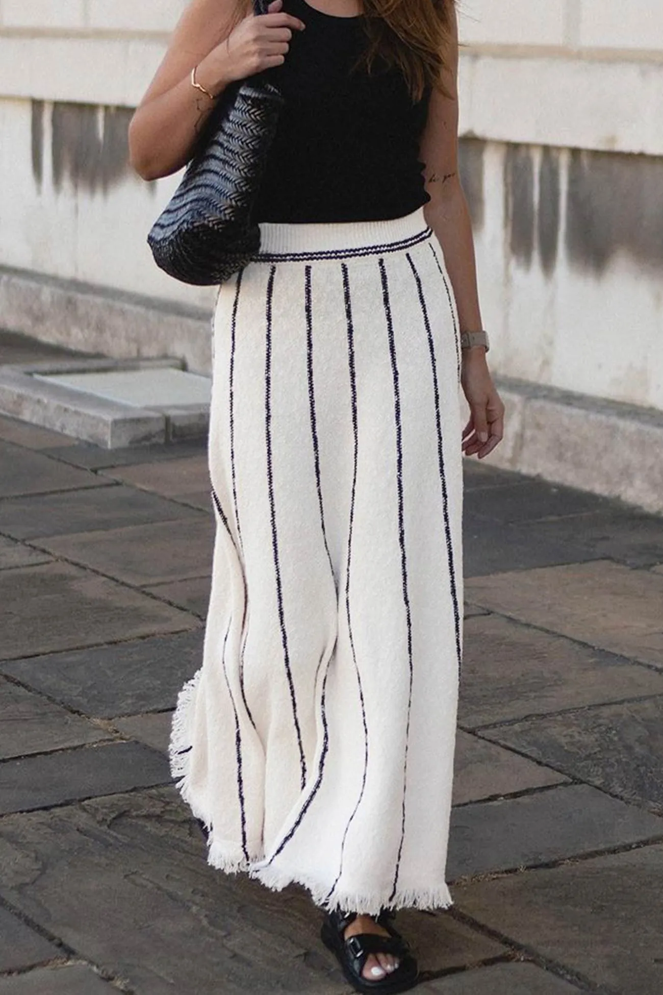 BerryBetty - Striped Fringe Hem Knit Skirt
