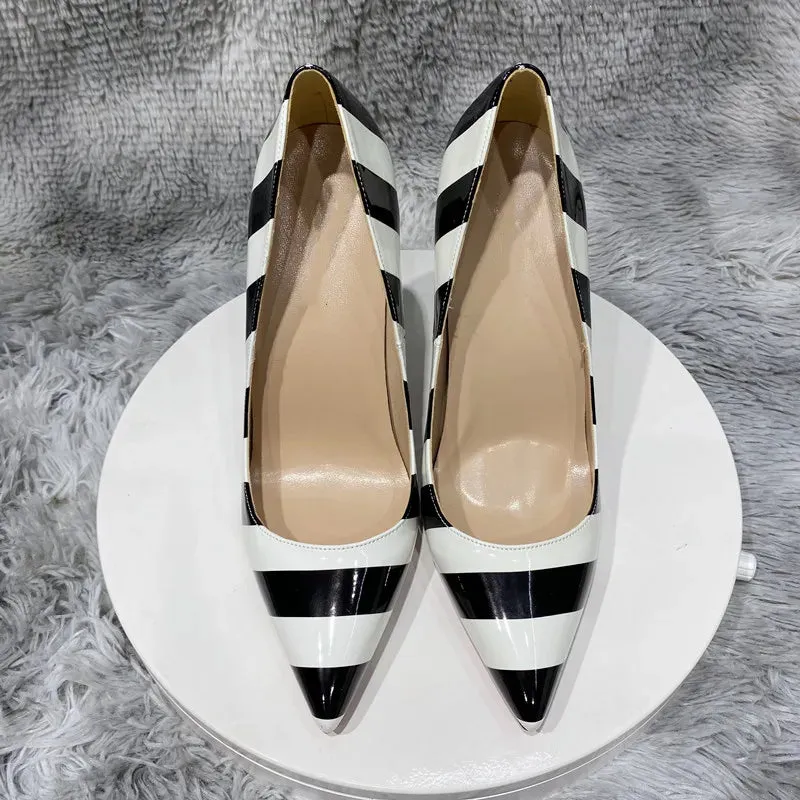 black and white Wide stripe sexy shoes  yellow high heels