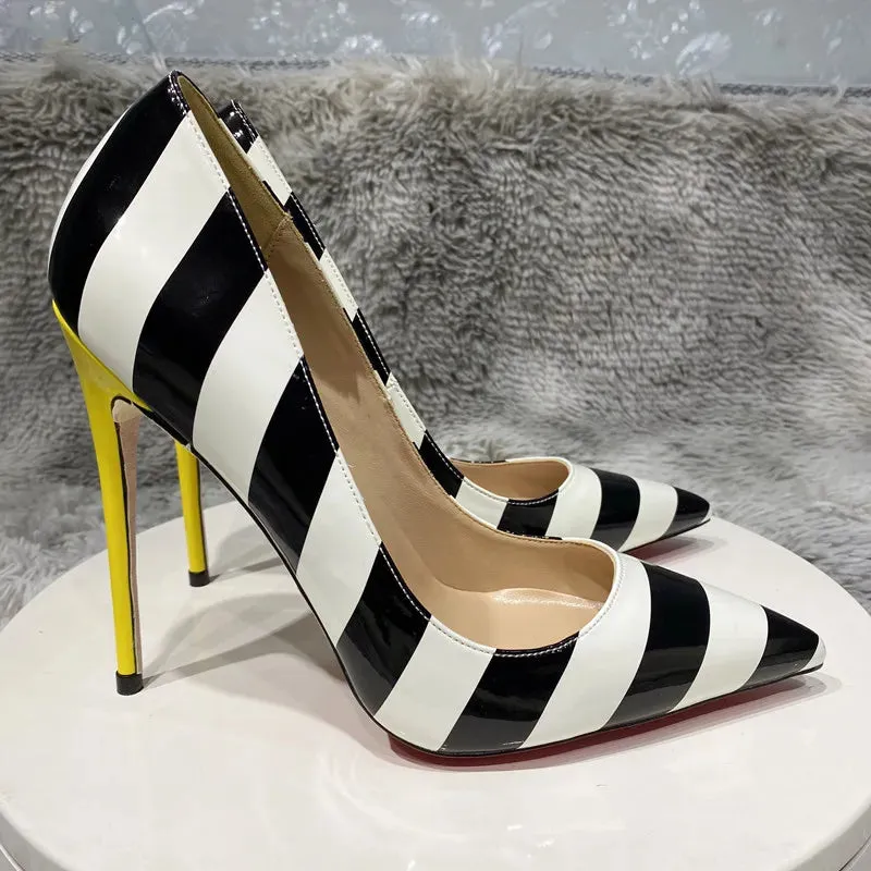 black and white Wide stripe sexy shoes  yellow high heels