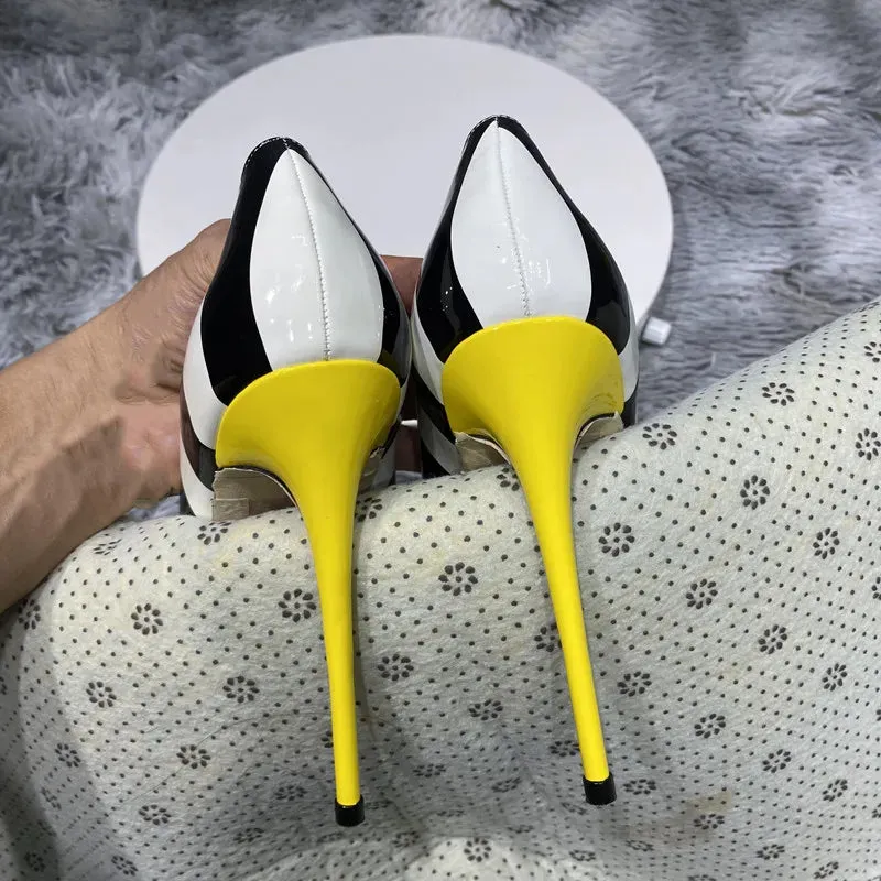 black and white Wide stripe sexy shoes  yellow high heels