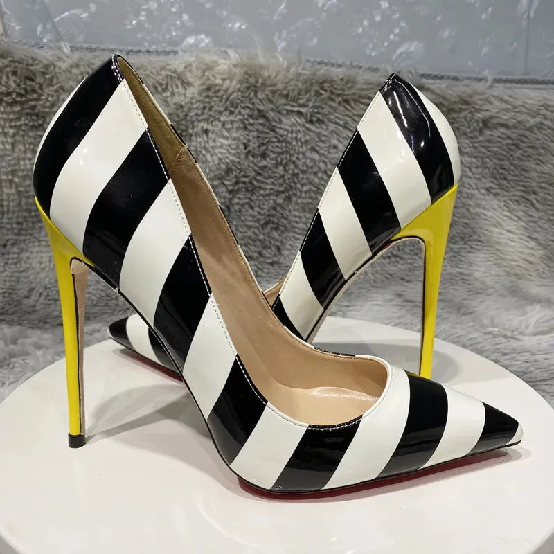 black and white Wide stripe sexy shoes  yellow high heels