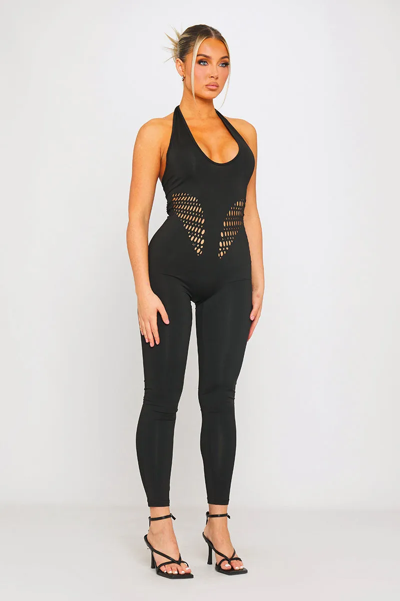Black Halter Plunge Contour Cut Out Detail Jumpsuit