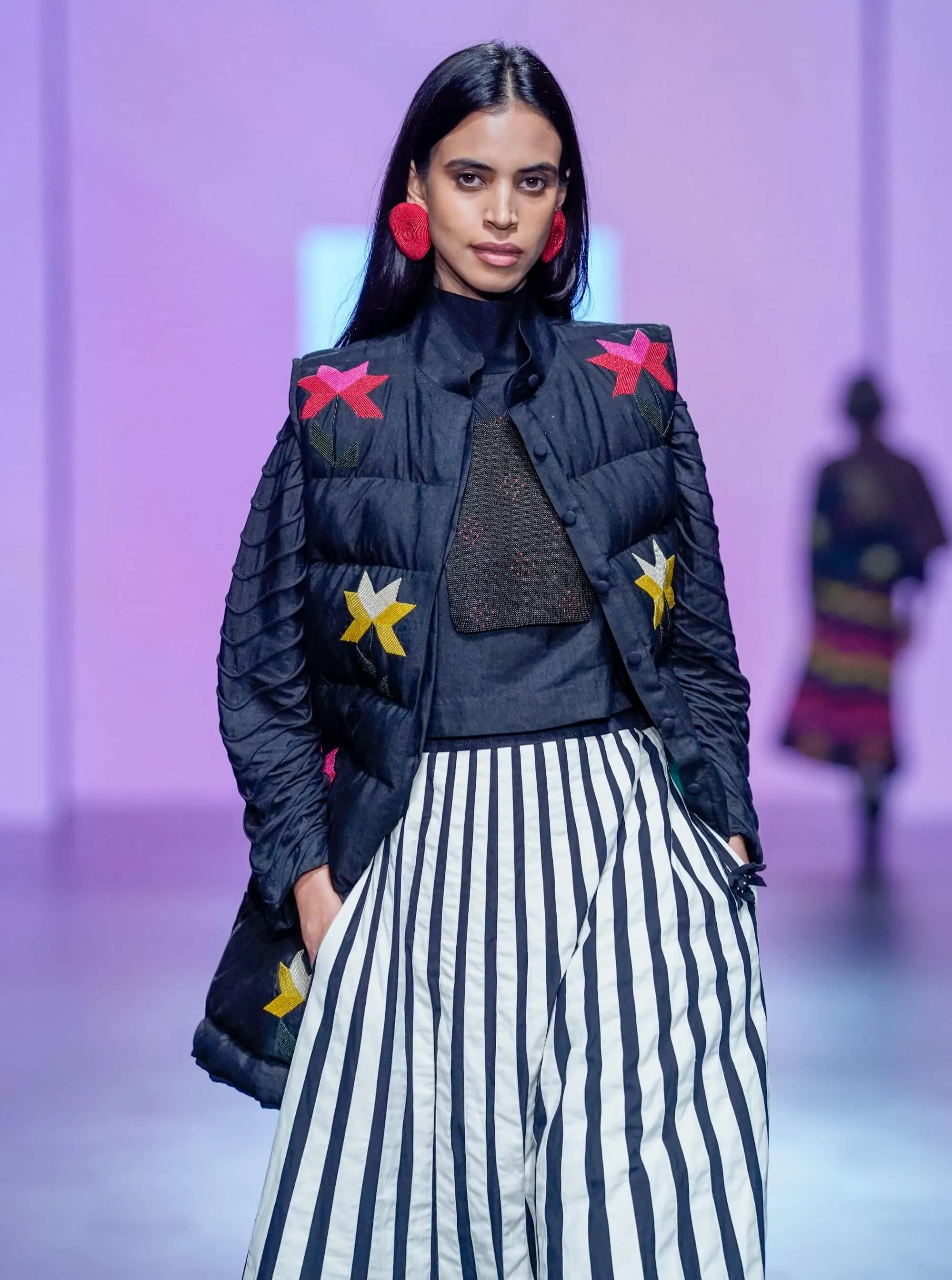 Black multi puffer jacket and skirt set