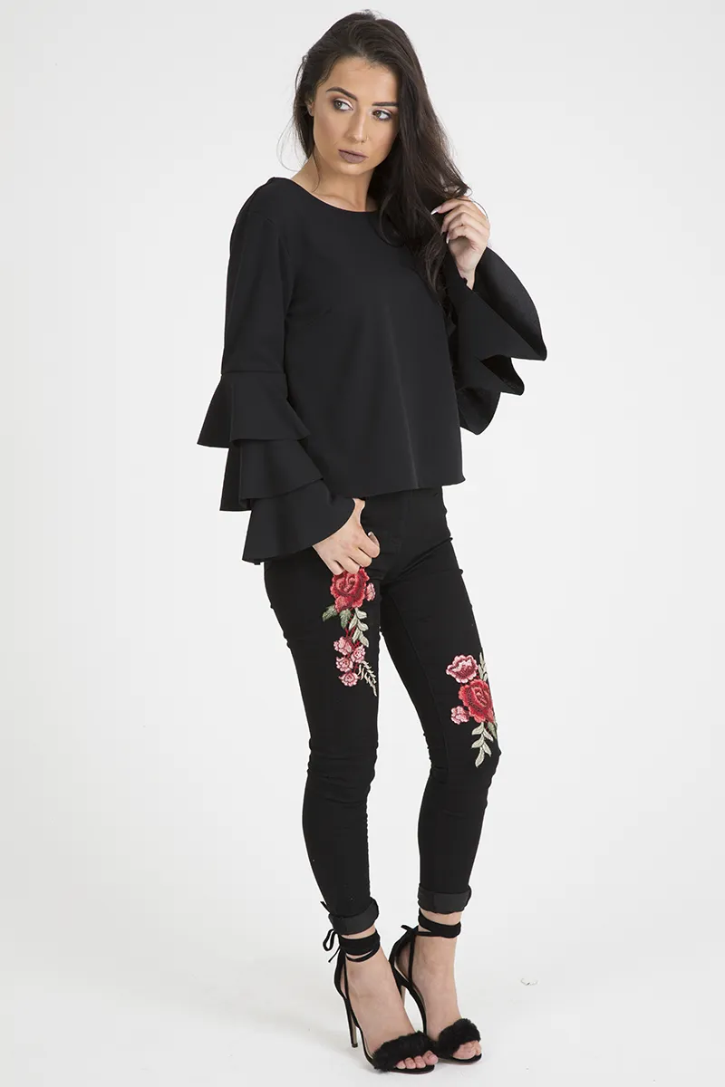 Black Triple Frill Sleeve Top - Clara