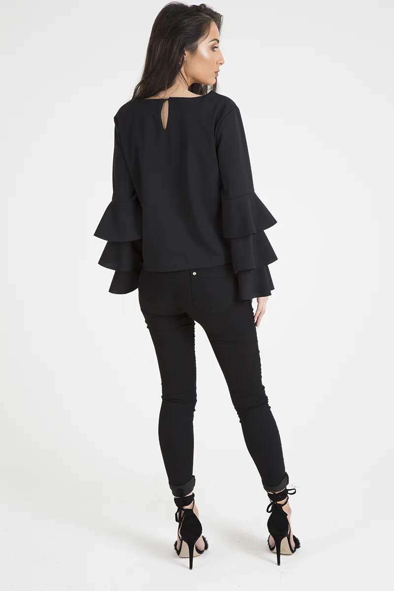 Black Triple Frill Sleeve Top - Clara