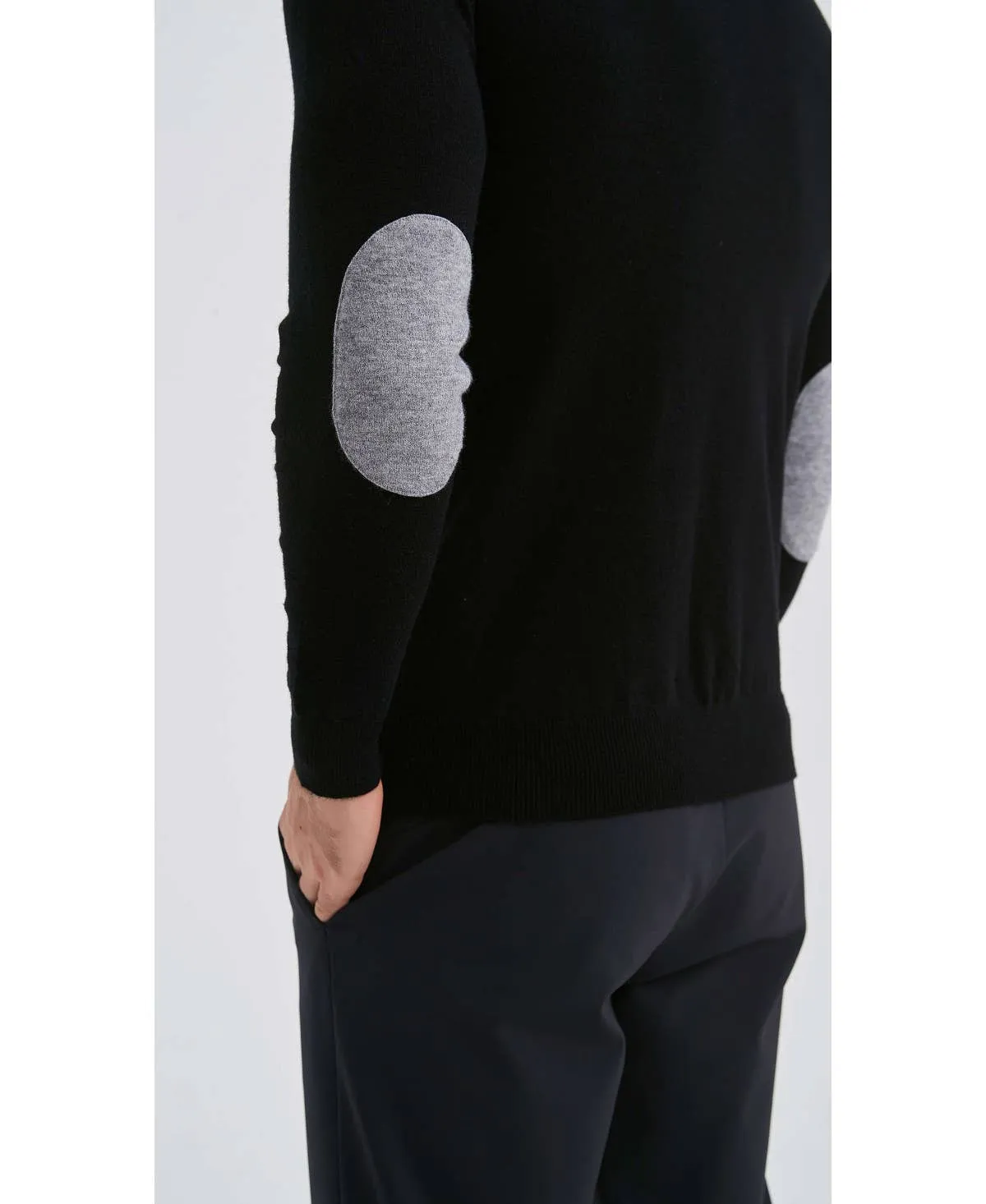 Black trucker neck sweater with elbow pads