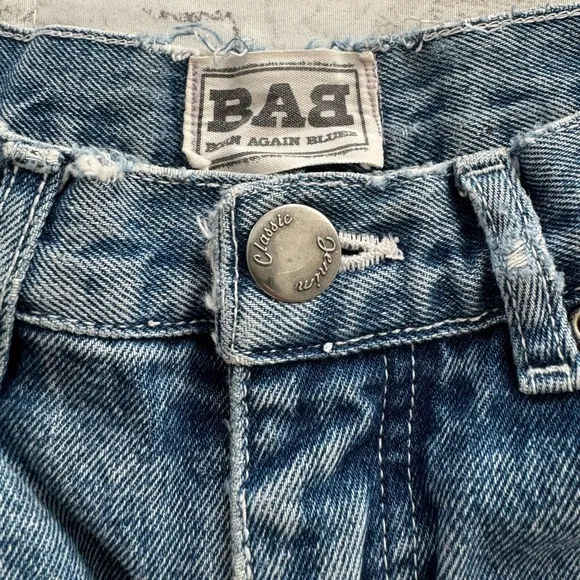 Born Again Bluez blue distressed high waisted jeans, size S patched ankle