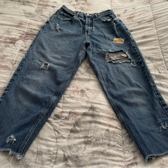 Born Again Bluez blue distressed high waisted jeans, size S patched ankle