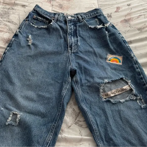 Born Again Bluez blue distressed high waisted jeans, size S patched ankle
