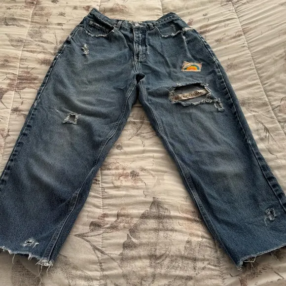 Born Again Bluez blue distressed high waisted jeans, size S patched ankle